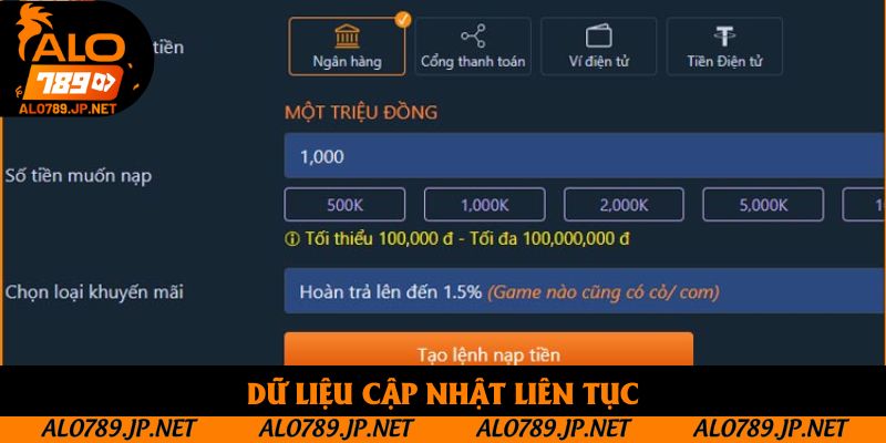 Nạp Tiền Alo789 - Hướng Dẫn 2 Phương Thức Giao Dịch 4 Dữ liệu cập nhật liên tục